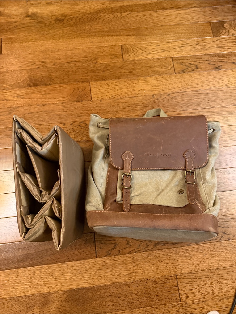 Kelly Moore Tan Canvas & Brown Leather Backpack with Removable Insert